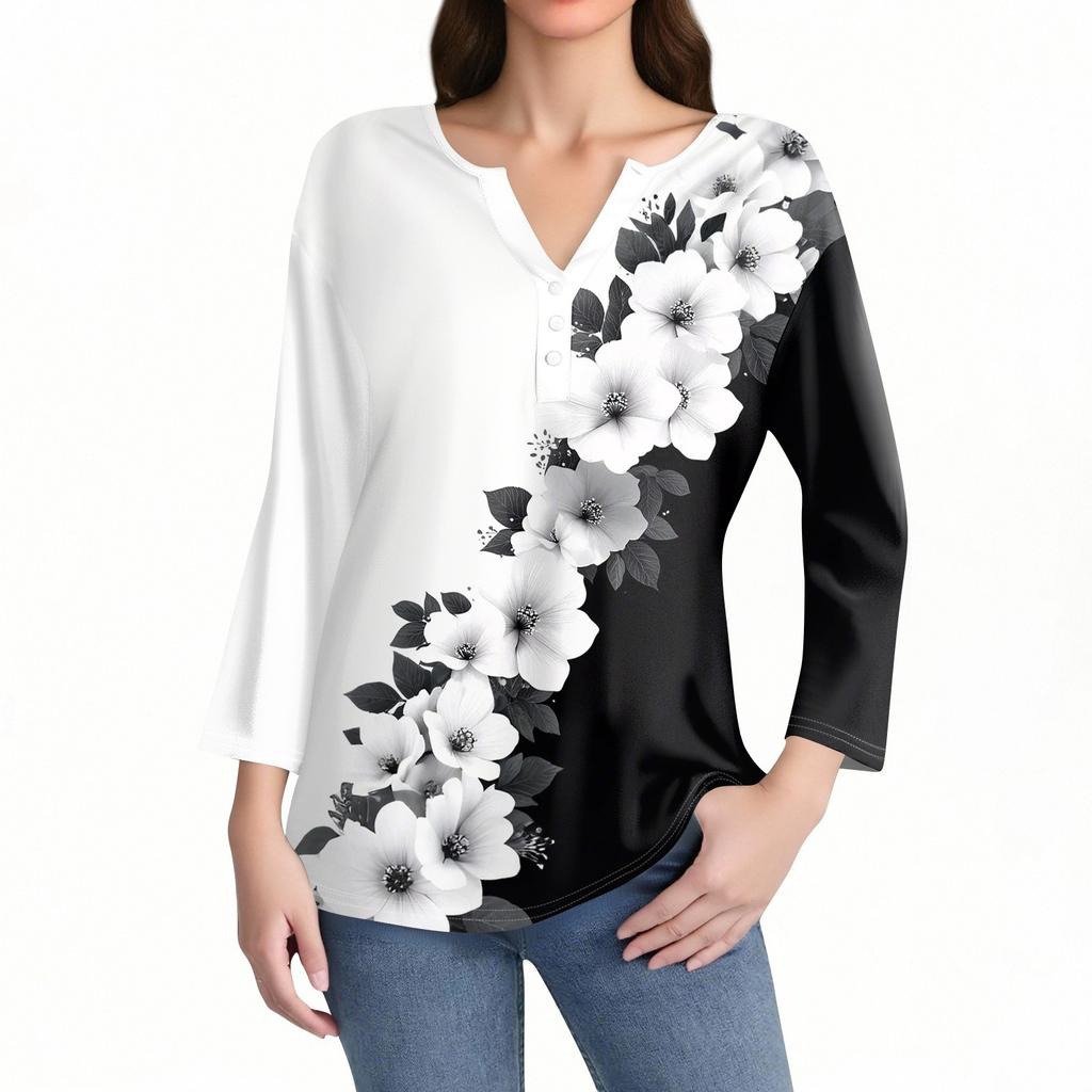 Жен. Футболка С принтом Пуговицы Рукав 3/4 Повседневные Выходные Мода Классический Классический V-образный вырез Обычный Верх