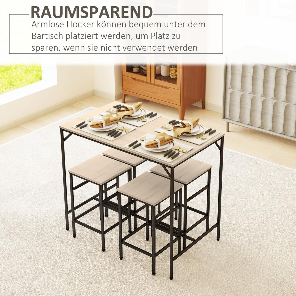 Bar Table Set Standing Table with 4 Bar Stools, 5-Piece Table Set, Steel Oak