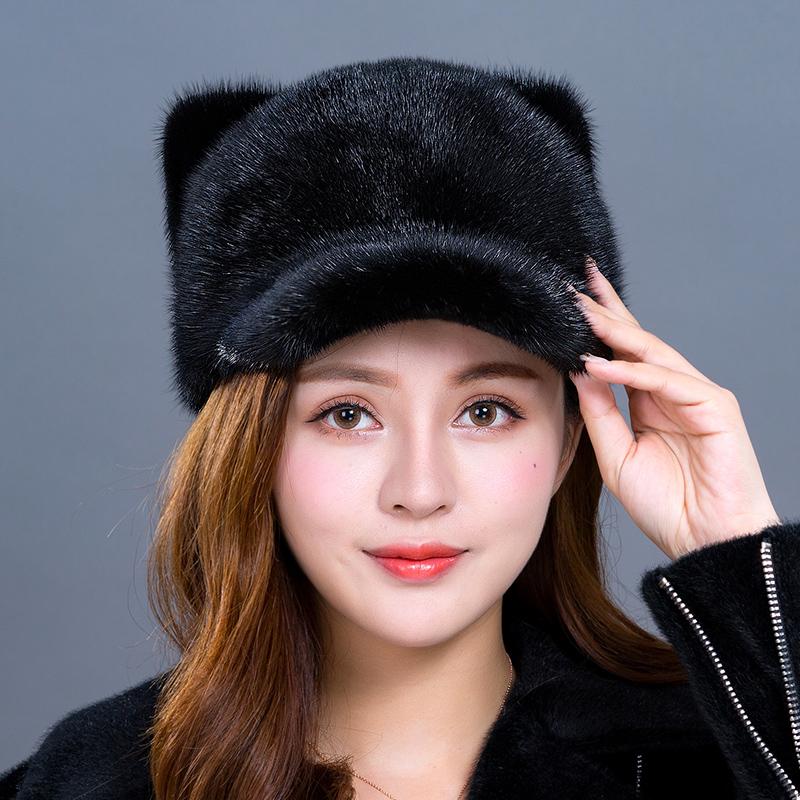 Новая женская норковая шапка с милыми кошачьими ушками (Хлеб в форме кошачьих ушей, приготовленный на пару) Норковая кожаная шапка Зимняя теплая меховая шапка