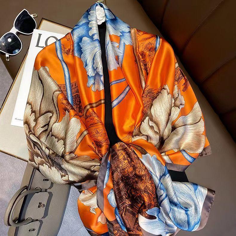 Women Colorful Geometric Elegant Chiffon Scarf Summer Beach Silk Feeling Travel Sun Protection Thin EMA