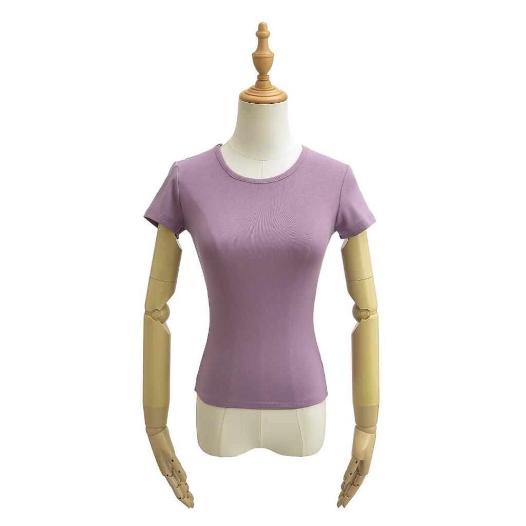 Summer new women's slim-fit round neck short-sleeved T-shirt net face basic Spice Girl hourglass waist slim-fit belt top