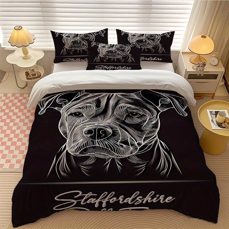 3PCS Bull Terrier Bedding Set Black White Line Drawing Duvet Cover With Pillowcase No Insert Queen Size Minimalist Room Decor