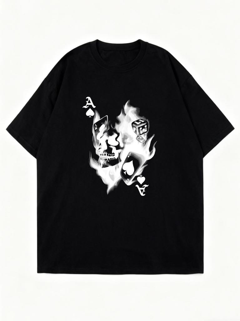 Black Oversized T Shirt With Ace Of Spades Skull And Flames Print For Casual Streetwear Style