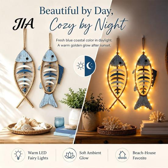 Minimalist Fashionable Home Embellishment Wooden Fish Wall Hanging Pendant With/Without LED Light, Nautical Decor, Coastal Theme Fishbone Corrosion