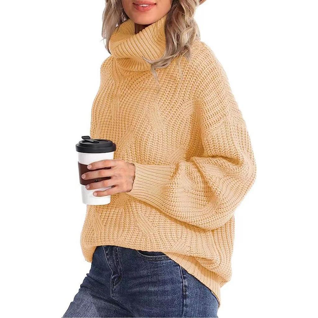 Women's Fashion Loose High Neck Knit Pullover Top Long Sleeve Casual Sweater