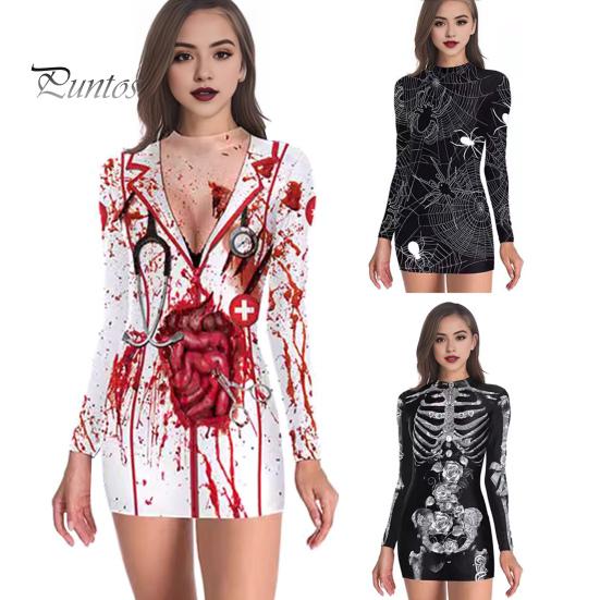 Хэллоуин Женское платье Кровавое пятно Скелет Паук Принт V-образный вырез Медсестра Косплей Длинные рукава Дом с привидениями NPC Костюм для выступлений