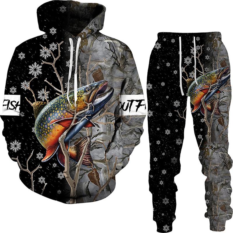 Весна-Осень с 3D принтом рыбы для мужчин и женщин толстовка + брюки комплекты из 2 предметов камуфляжная одежда для рыбалки, охоты и кемпинга модная спортивная одежда на открытом воздухе комплект