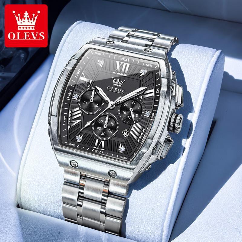 OLEVS Tonneau Watch Men Luminous Waterproof Date Stainless Steel Chronograph Quartz Watches for Men