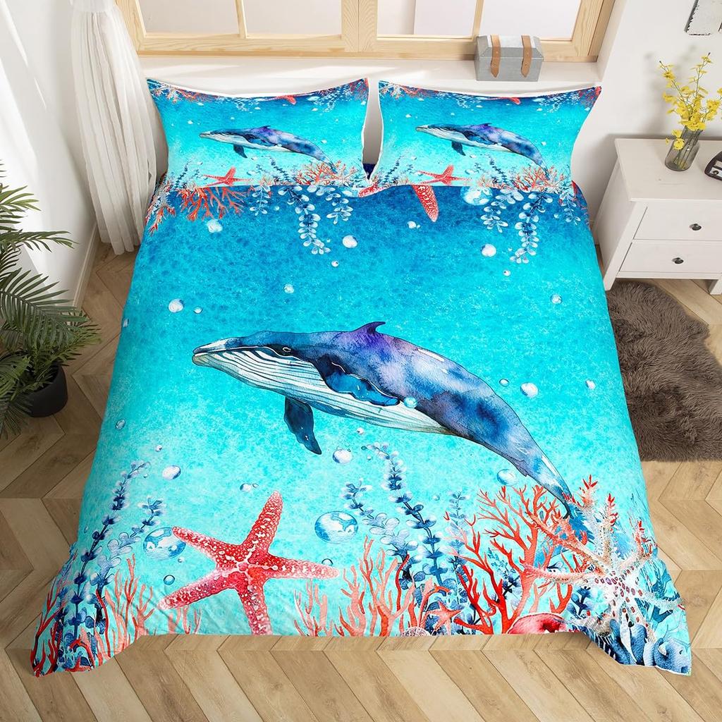 Blue Sea Whale Duvet Cover King Full Cartoon Ocean Animal Kids Bedding Set Coastal Beach Comforter Cover Ocean Waves Quilt Cover