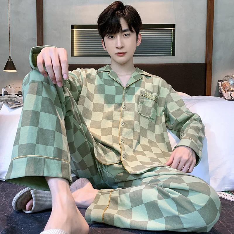 Хлопковая мужская пижама весна-осень с длинными рукавами ночная рубашка новый кардиган в клетку домашняя одежда для сна одежда для отдыха