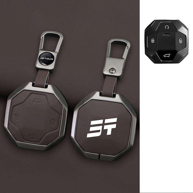 Auto Key Fob Cover Case Mount Housing Fit For Chery Auto Jetour Traveller Jetour T2 Zinc Alloy Genuine Leather Protect Key Ring Auto Accessories