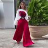 2 Pcs/Set Women Top Pants Set 3D Rose Print One Shoulder Slant Neck Long Bat Sleeve High Waist Wide Leg OL Commute Style Pockets