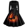 Women's Casual Vintage Halloween Print Dress Square Neck Long Sleeve Fit Flare Midi Dress with Waist Tie for Seasonal Occasion