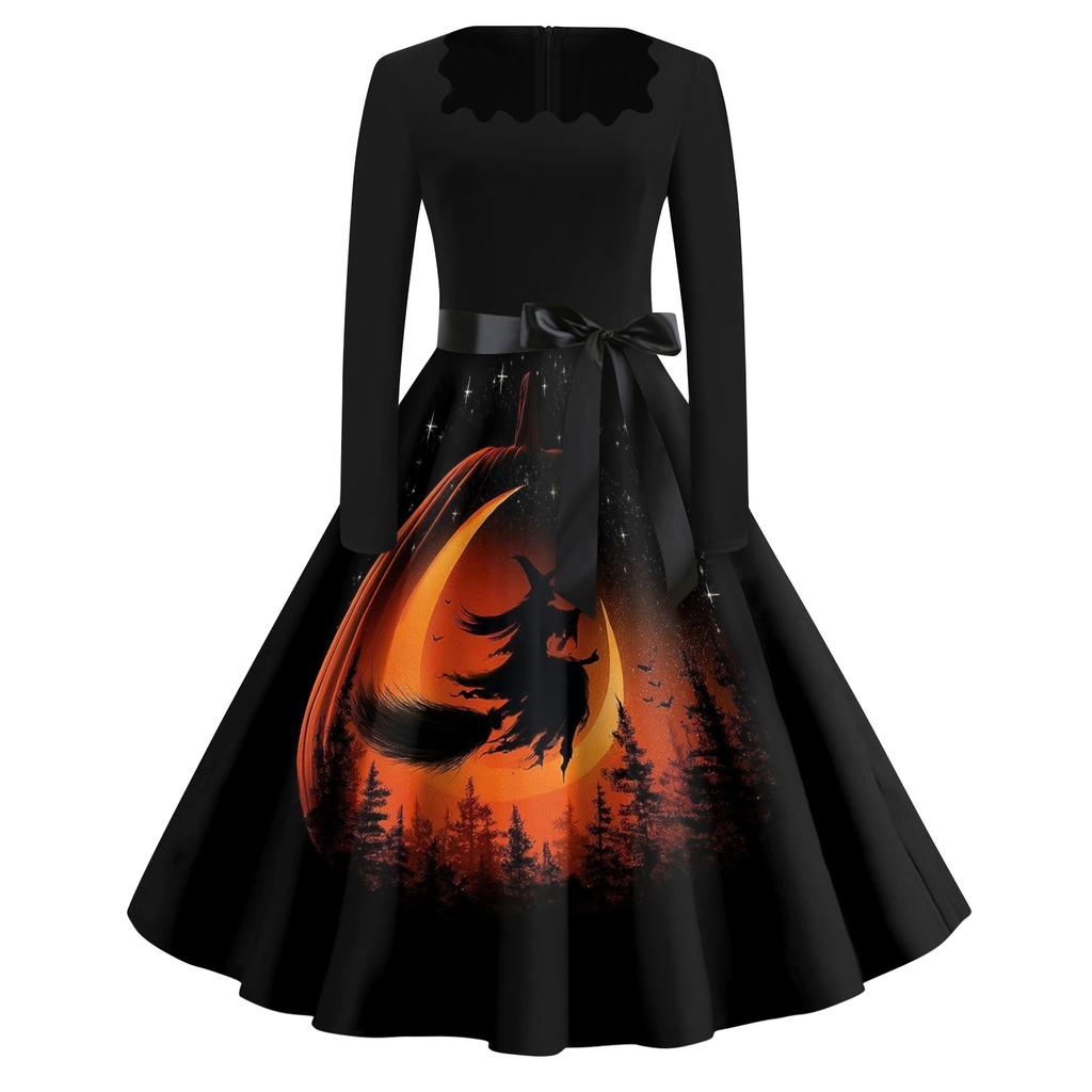 Women's Casual Vintage Halloween Print Dress Square Neck Long Sleeve Fit Flare Midi Dress with Waist Tie for Seasonal Occasion