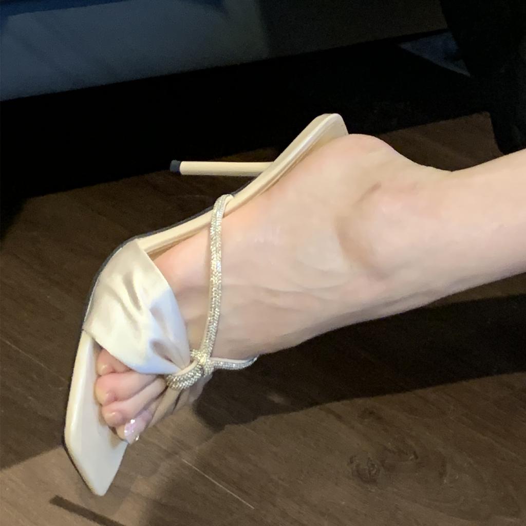 Квадратный носок нюдовый шампань стразы слово с босоножки на высоком каблуке тонкий каблук полушлепанцы верхняя одежда женщины