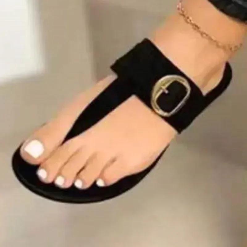 2025 Горячая Распродажа Painch Toe Женские Шлепанцы Лето Римская Пряжка Однотонные Уличные Повседневные Пляжные Плоские Удобные Большого Размера Вьетнамки