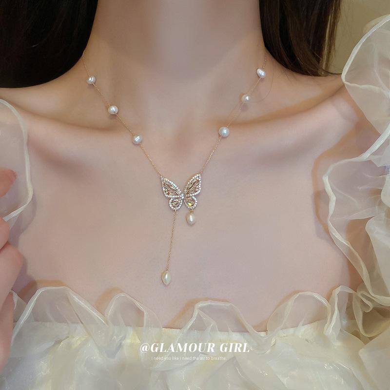 Korean temperament love butterfly pearl fringed necklace fashion collarbone chain versatile item decoration