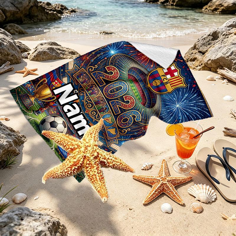 Custom Name Personalized FOOTBALL Club Barcelona Print Beach Towel, for Trip Camping Beach Party Home Decor, Birthday Gift for Family & Friends