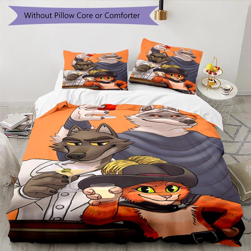 3pcs Puss In Boots Bedding Set Duvet Cover Closure Includes 1 Duvet Cover & 2 Pillowcases, Soft and Comfortable for All Seasons.