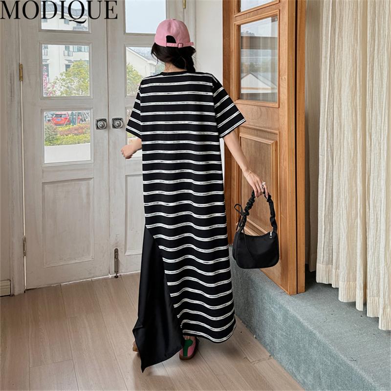 MODIQUE Лето Плюс Размер Женщины Свободные Универсальные Черно-Белые Полосы Лоскутные Длинные Платья Женские Повседневные Платья С Коротким Рукавом U-образным Вырезом