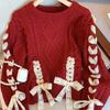Spring and Autumn Winter Women Red Twist Strap Sweater Christmas Sweet Bow Knitting Pullover Oversize Women Sweater