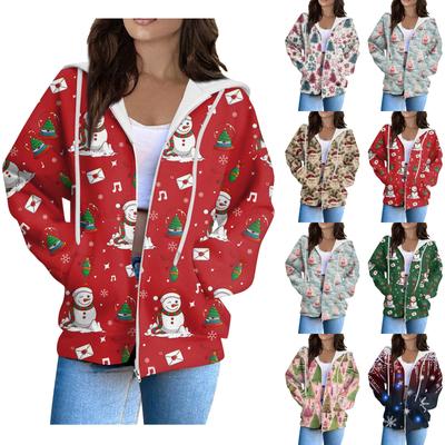 Женская мода повседневный длинный рукав рождественский принт кардиган пальто с карманом на молнии