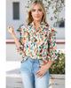 Блузка с разноцветным абстрактным принтом, рукавами-фонариками 3/4 и оборками