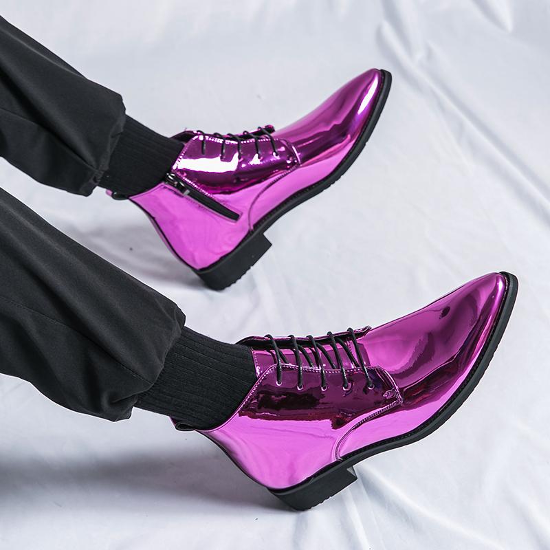 Bright Shoes Men Purple Formal Leather High Top Dress Shoes For Men New Style Man Business Shoes Yuppie Brogue Shoes