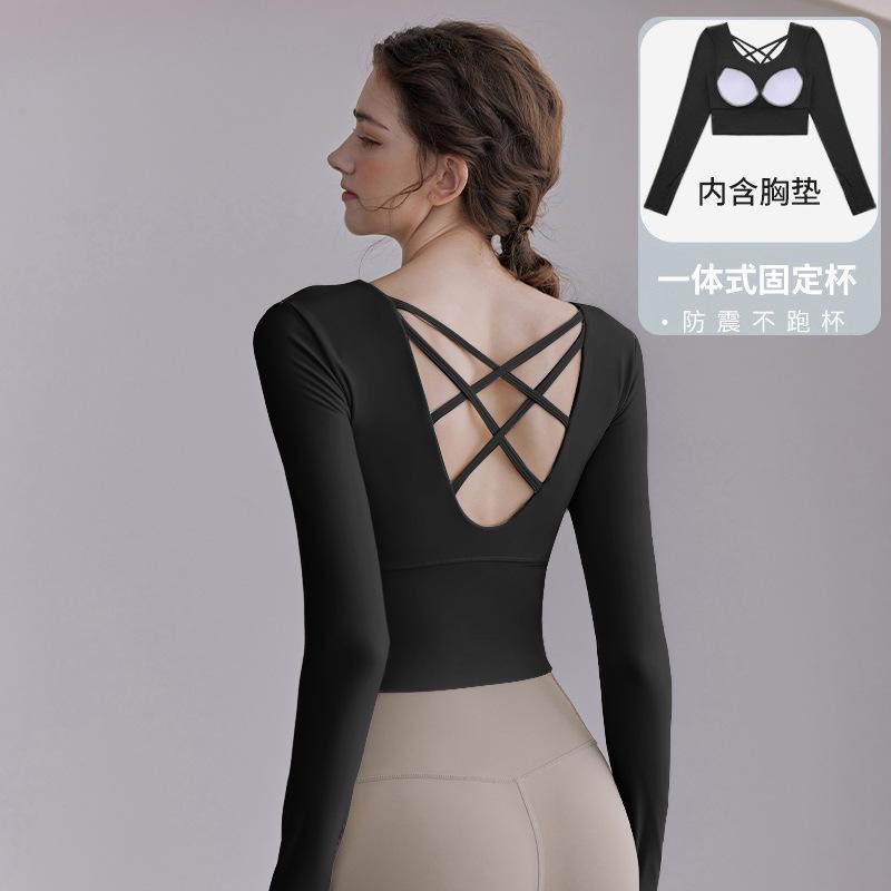 Direct supply, yoga with chest pad, beautiful back T-shirt, slim fit and thin, nude fitness sports running long-sleeved top