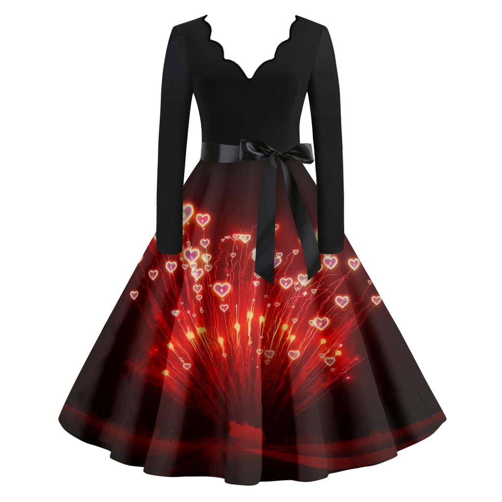 Женское повседневное модное платье винтажного стиля с V-образным вырезом и новогодним принтом