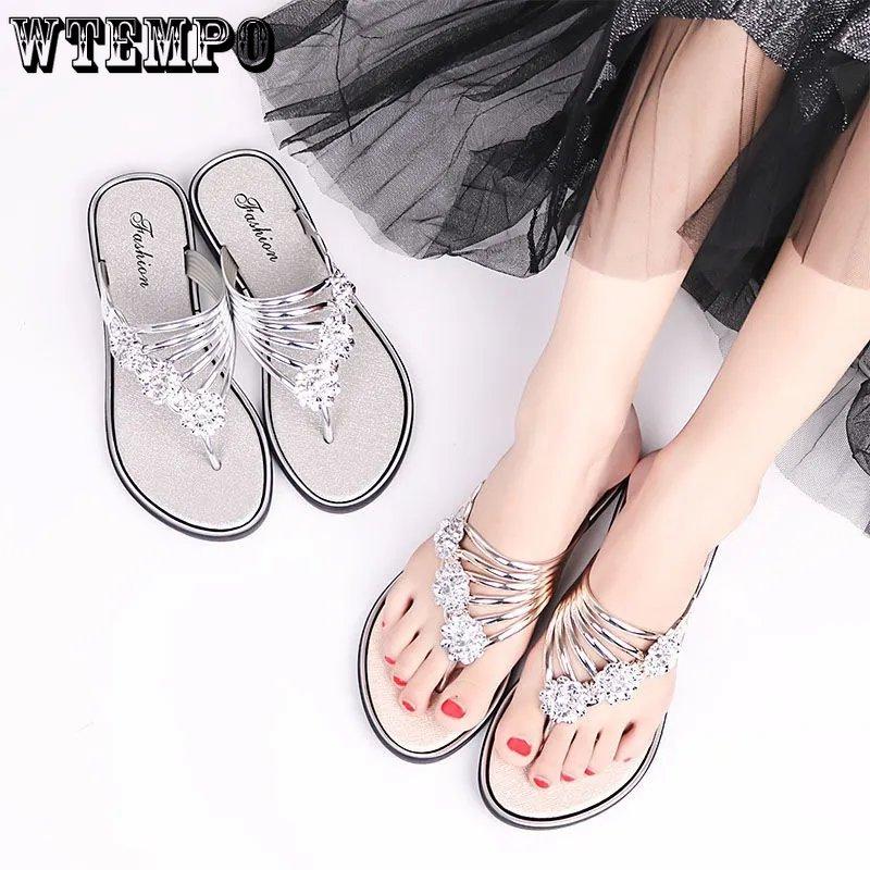 Женские сандалии с открытым носком, тапочки высокого качества, Нескользящие шлепанцы, женская летняя повседневная пляжная обувь с кристаллами, большого размера