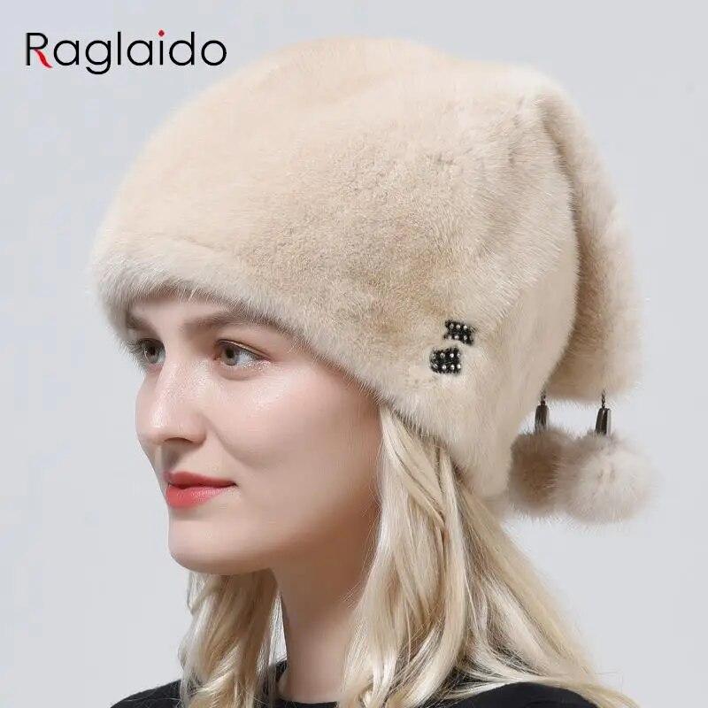 High Quality Real Mink Fur Hat Luxury Women Elegant Whole Skin Geniune Fur Hat Full Pelt 3 Balls Diamond Tail Hat Warm Snow Caps