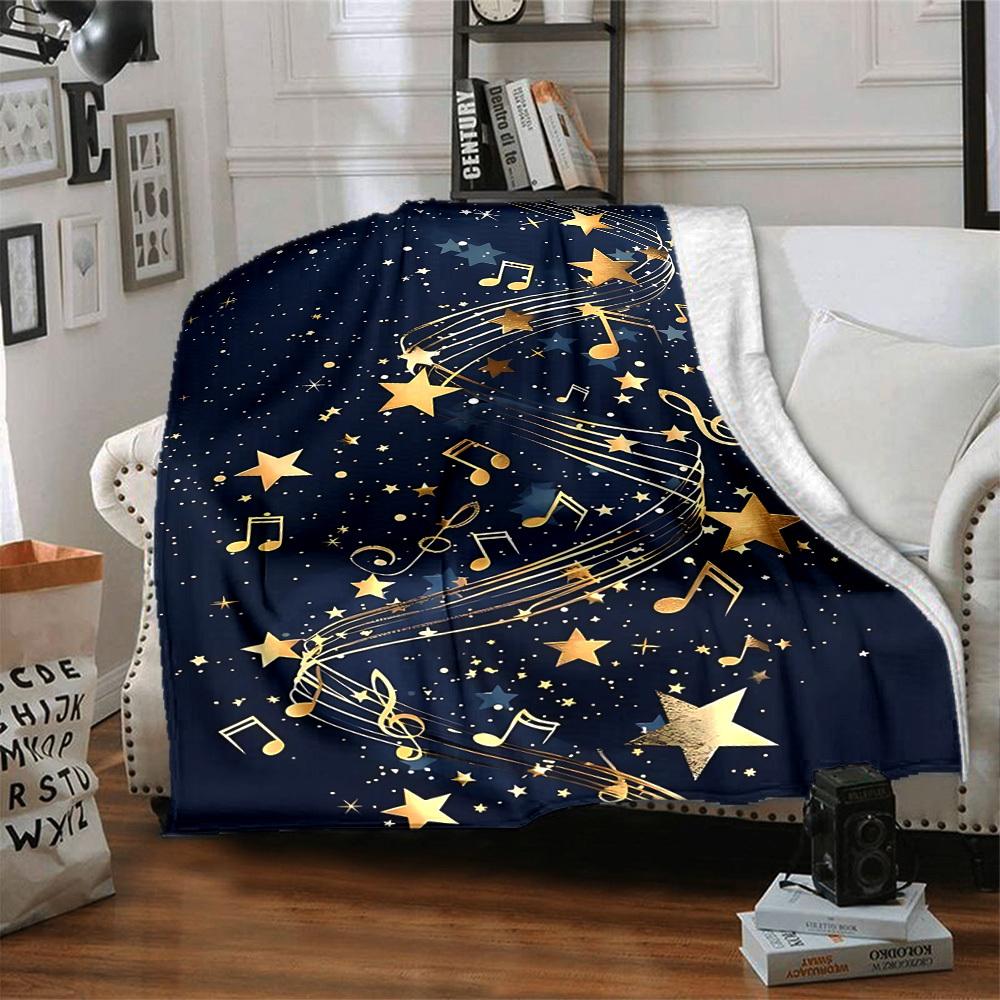 1pc Music Stars Print Blanket - Lightweight Flannel Throw Blanket For Sofa, Bed, Living Room, Office, Outdoor Travel, Camping, Soft All-Season Throw