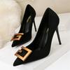 Women Fashion Metal Decoration Shallow Shoes Stiletto Heels Ladies Office Pointed Black Etiquette Single Shoes Dress Pumps Woman