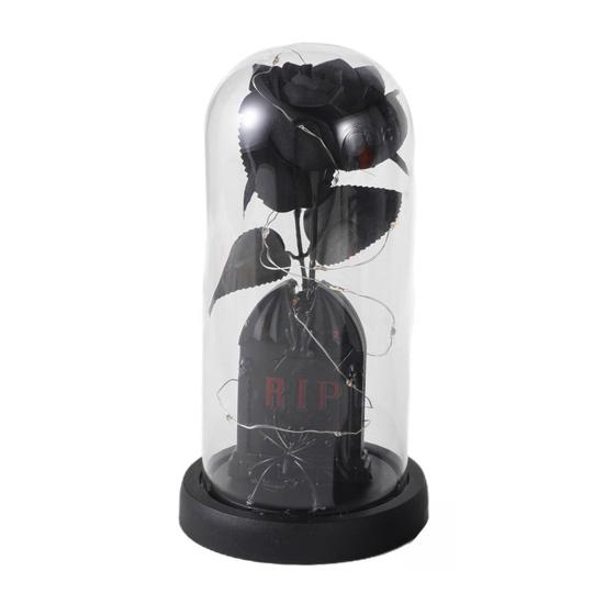 Сохраненные черные розы в стеклянном куполе, светящийся вечный цветок в клоше, статуэтка тыквы-черепа для домашнего, кухонного, каминного, настольного декора