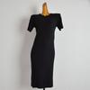 Summer Retro Elegant Silm Pullover Bodycon Dress Knitting Round Neck Short Sleeve Dress Mid Waist Black Dress Long Dress for Women