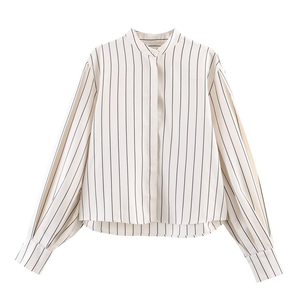 European and American style, new women's clothing, foreign style, striped fluffy sleeve shirt, striped pleated pants.