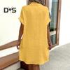 Summer Women Dress Turn-down Collar Single-breasted Loose Short Sleeves Loose Solid Color Patch Pocket Knee Length Commute Leisure Midi Dress