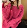 INDFS Women's Fashion Casual Fall Winter Solid Color Print Long Sleeve O-Neck Sweaters
