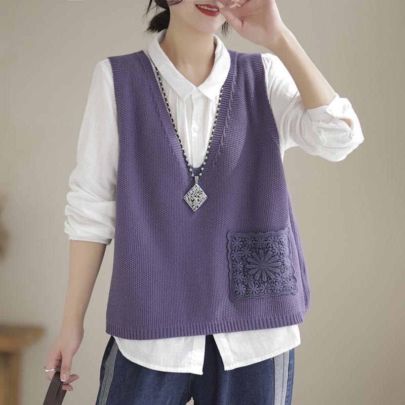 Knitted Vest for Women Spring and Autumn V-neck Thread Knitted Vest Loose Vest for Women Korean Lace Hook and Flower Pullover Casual Layering Camisole