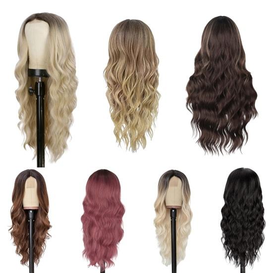 Женский длинный вьющийся парик, средняя часть, натуральные шелковистые термостойкие высокотемпературные волокна, передняя часть шнурка, волнистые черные коричневые синтетические волосы