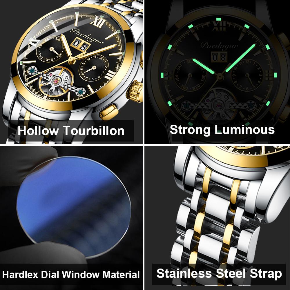 Automatic Mechanical Man Wristwatch Hollow Tourbillon Stainless Steel Men Watch Waterproof Luminous Date Men's Watches