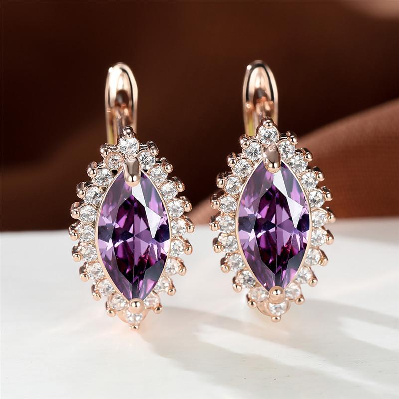 1 Pair Rose Gold Color Marquise Cut Multicolor Birthstone Drop Dangle Hook Earrings White Red Blue Green Stone Horse Eye Claw Earrings Jewelry