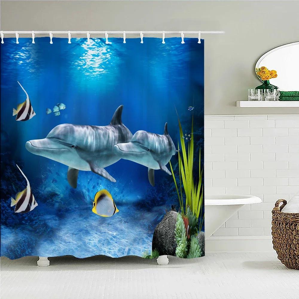Подводный мир Рыба Черепаха 3d Шторки для душа Океан Дельфин Морской пейзаж Ткань Водонепроницаемая Занавеска для ванны Декор для ванной комнаты Экран
