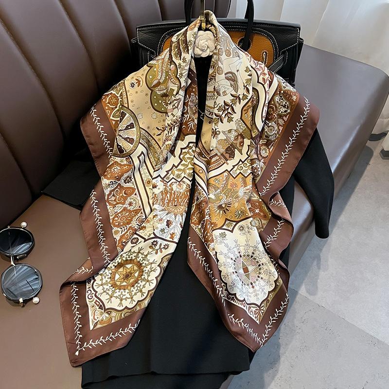 Twill Silk Scarf Women 90cm Square Hijab Shawls And Wraps Female Foulard Headkerchief Elegant Floral Summer Autumn Lady Bandana