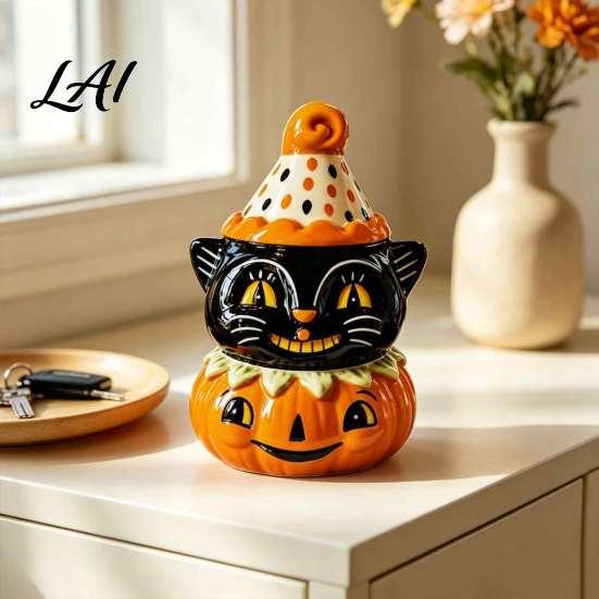 Tiered Tray Fall Decor Halloween Black Cat Pumpkin Figurine Cute Spooky on Durable Party Table Decoration Resin Statue for Home Shelf Fireplace