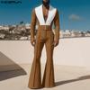 Two Pieces Men Lapel Long Sleeve Patchwork Cropped Blazer Long Flare Pants Sets Outfits