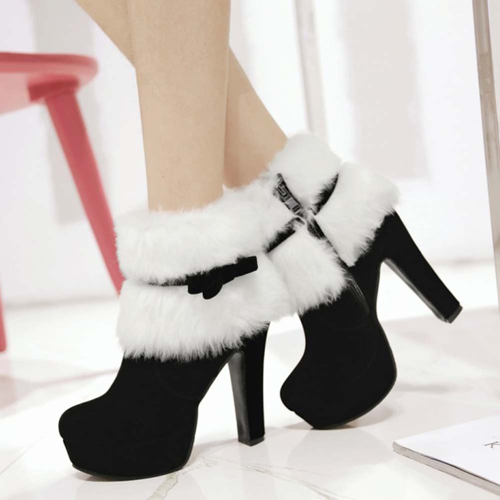 Новые замшевые модные ботинки на высоком каблуке с мехом, бантом и боковой молнией, водонепроницаемые короткие ботинки на платформе для женщин