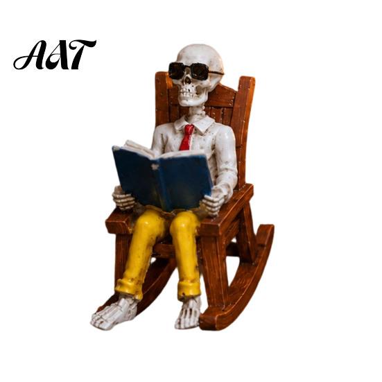 Lifelike Skeleton Statue Set Halloween Figurine, Resin Sitting on Rocking Chair Statue, Drinking Novelty Reading Figurine Coffee Crocheting