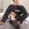 Pajamas Women Round Neck Suit Thickened Warm Cartoon Bear School Homewear Long-Sleeved Trousers